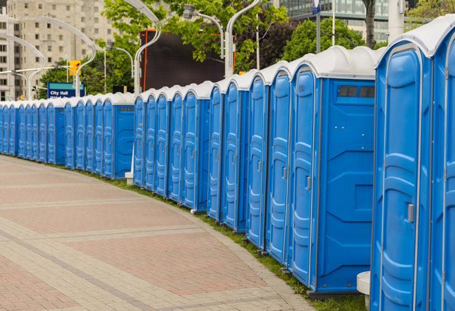 a row of sleek and modern portable restrooms at a special outdoor event in Everett WA